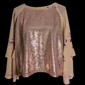Free People Gold Sequin Ruffled Flutter Sleeve Top